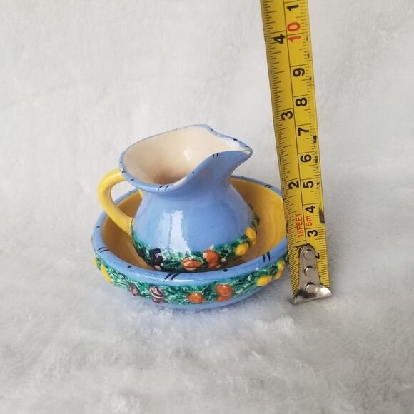 Vintage Italian Cream Pitcher and Mini Bowl Floral 3D Ornament Hand Painted - Picture 9 of 10